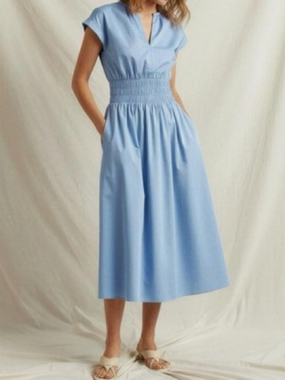 Reiss Lena Cotton Ruched Waist Midi Dress In Blue Size Uk 4 Fits Like A Small